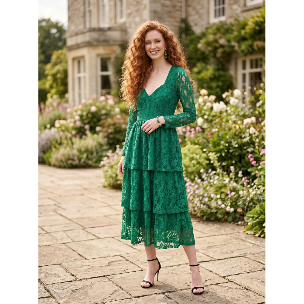 NSR Emerald Green Lace Tiered Midi Dress V-Neck S Romantic Whimsygoth‎ Fairy